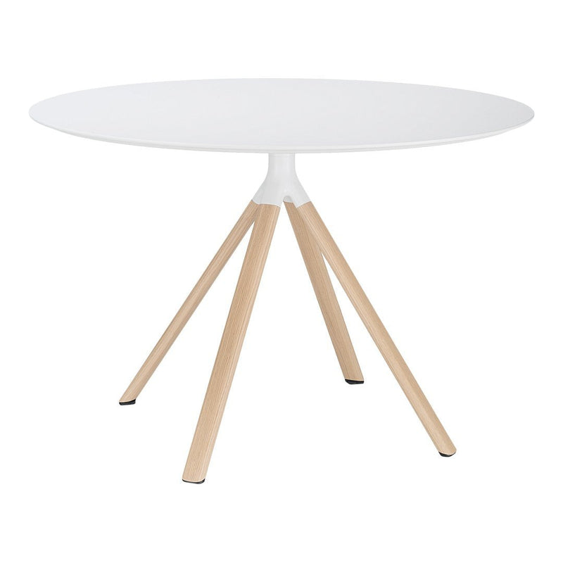 Round white table with natural wood legs, featuring a minimalist design and smooth surface. Ideal for modern spaces.