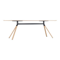 Natural wood tabletop with light beige finish and black metal frame, featuring minimalist design and clean lines.