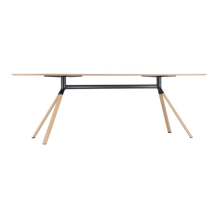 Natural wood tabletop with light beige finish and black metal frame, featuring minimalist design and clean lines.