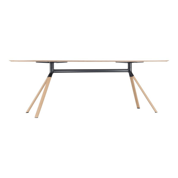 Light wood table with sleek black metal support and natural wood legs, featuring a minimalistic design and smooth surface.