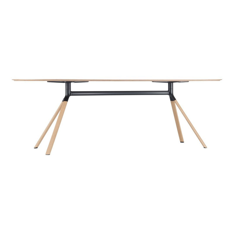 Light wood tabletop with natural finish and sleek black metal legs, minimalistic design. No patterns, versatile style.