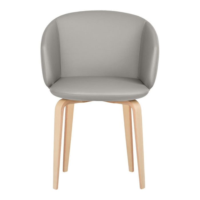 Gray upholstered chair with smooth finish and natural wood legs, featuring a minimalist design.