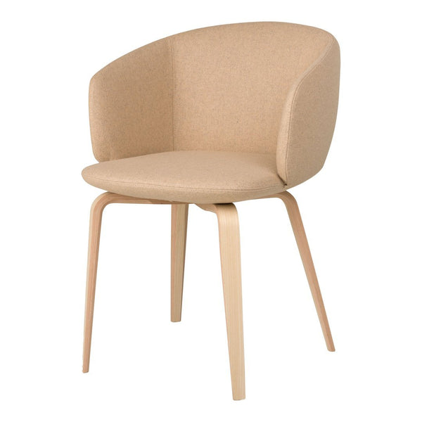 Beige upholstered chair with smooth, curved backrest and light wooden legs, showcasing a minimalist design.