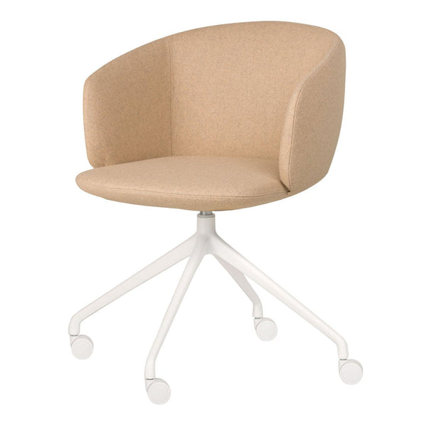 Beige fabric office chair with a curved back and white metal base, featuring a minimalist design and smooth wheels.