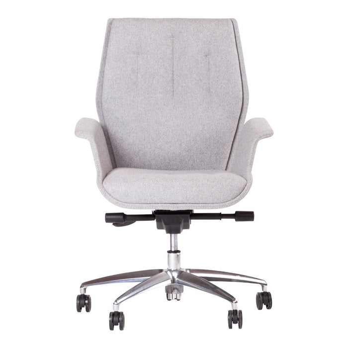 Light gray office chair with subtle tufted pattern and sleek chrome base. Perfect blend of modern design and comfort.