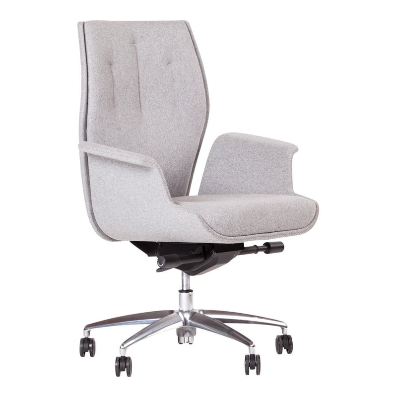Modern light gray office chair with a sleek design and subtle tufted pattern, featuring a chrome base and rolling casters.