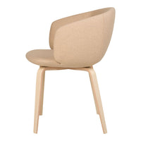 Beige upholstered chair with a smooth, curved design and natural wooden legs, showcasing a minimalist and modern style.
