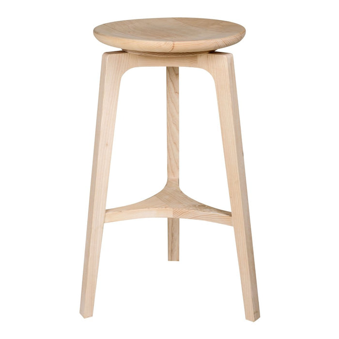 Light wood bar stool with a smooth round seat and simple, modern design. Natural finish highlights wood grain texture.