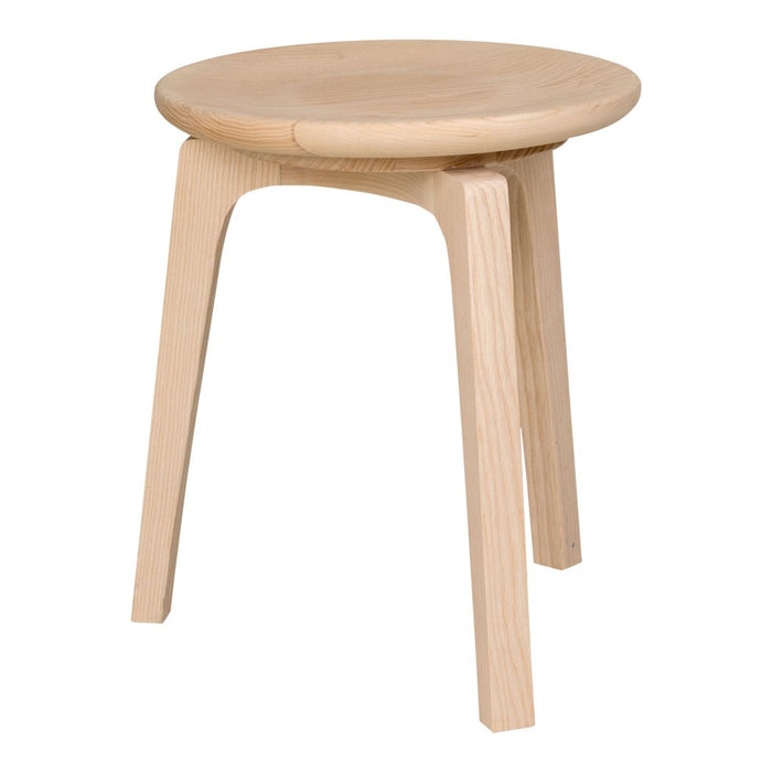 Natural wood stool with a light beige finish and smooth, simple rounded design. Perfect for minimalist decor.
