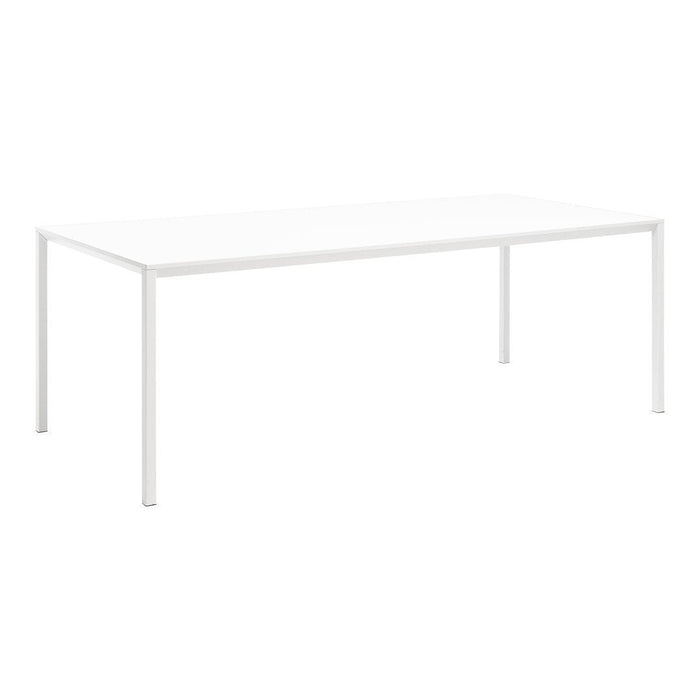 White rectangular table with a sleek, minimalist design, featuring a plain, smooth surface and sturdy legs. 