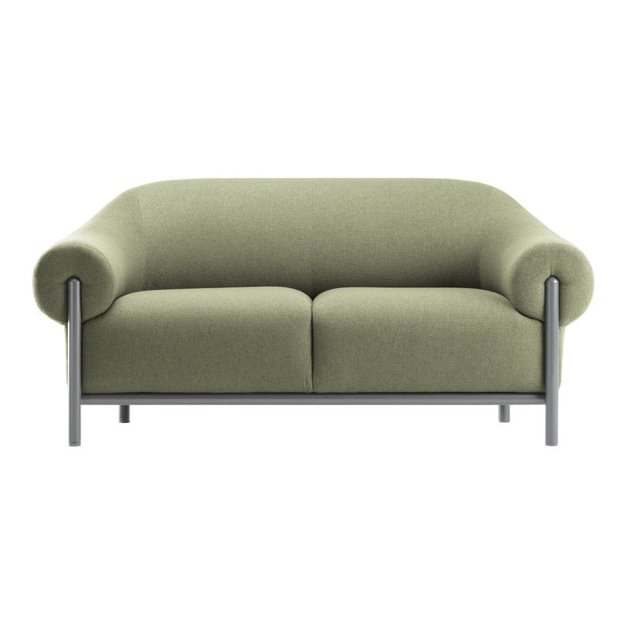 Olive green sofa with a smooth, rounded shape and minimalist silver legs, perfect for modern decor.