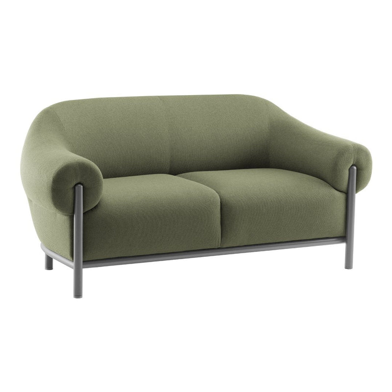 Green upholstered sofa with smooth, curved lines and a minimalist black metal frame.