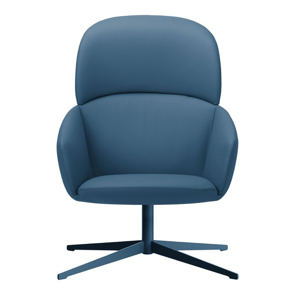 Soft blue armchair with rounded design and smooth upholstery, featuring a sleek black metal base. Perfect for modern interiors.