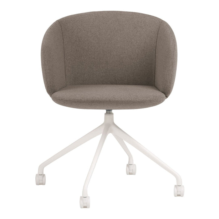 Gray upholstered chair with a smooth texture and a minimalist white base for a contemporary look.