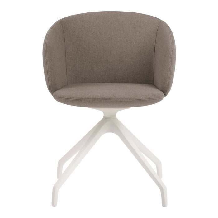 Elegant grey upholstered chair with a smooth, rounded design and a sleek white base. Ideal for modern spaces.