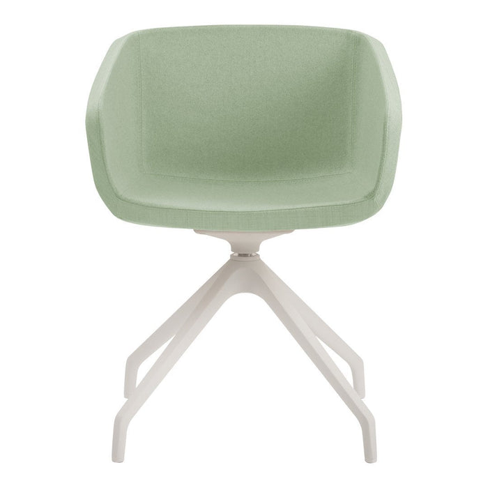 Mint green chair with a smooth, minimalist design and white, angular base. Ideal for modern decor.