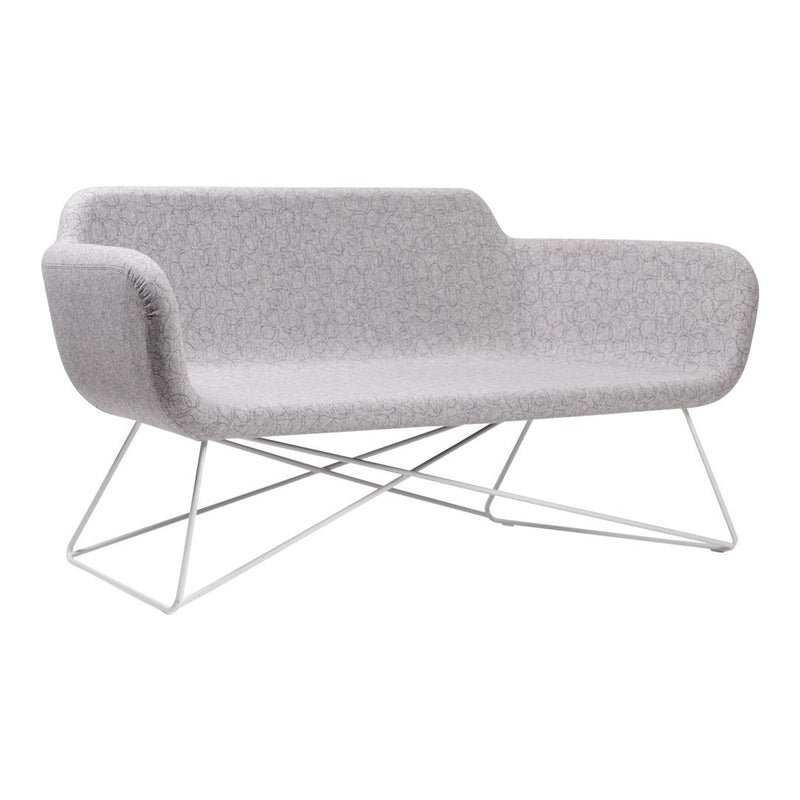 Gray fabric sofa with a textured pattern and sleek white metal legs, ideal for modern decor.
