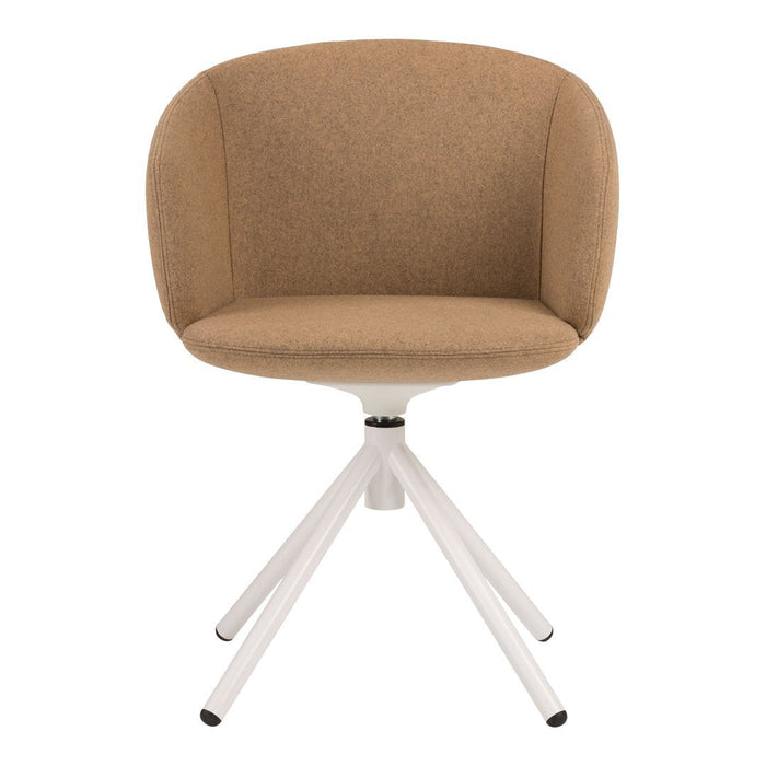 Tan upholstered chair with a rounded back and white tripod legs, simple and modern design.