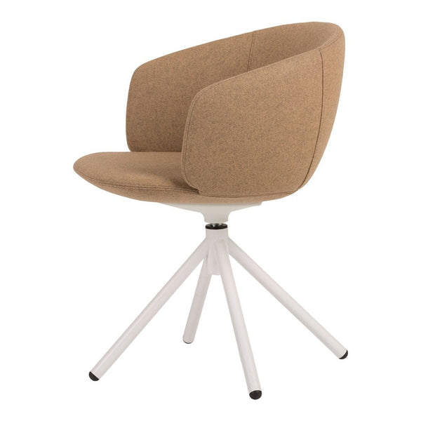 Tan upholstered chair with a modern design and white tripod base, perfect for contemporary interiors.