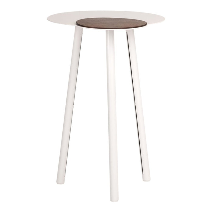 Modern side table with a white top and dark wood accent, featuring sleek white legs. Simple and stylish design.