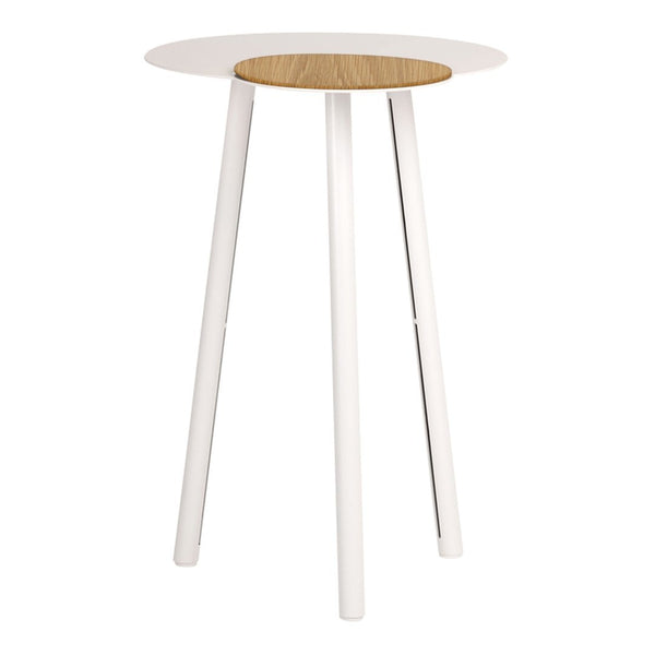 Modern round table with a white finish and natural wood accent on top, featuring sleek, minimalist design.