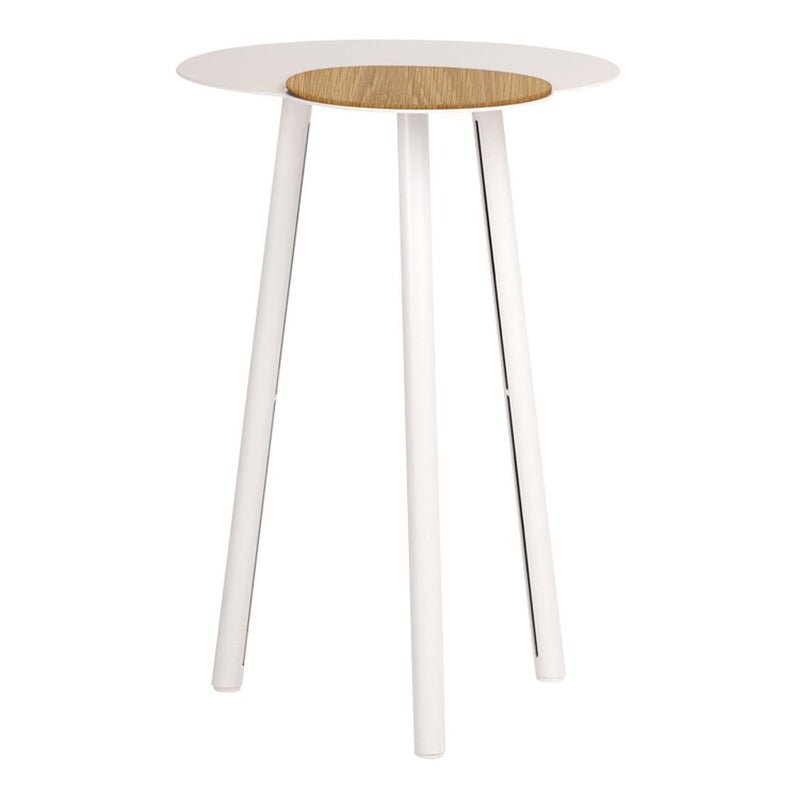 Modern round table with a white finish and natural wood accent on top, featuring sleek, minimalist design.