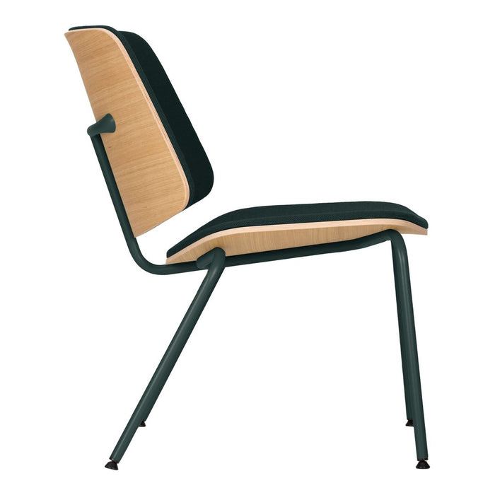 Side view of a modern chair featuring a natural wood back, dark green cushion, and sleek black metal frame.