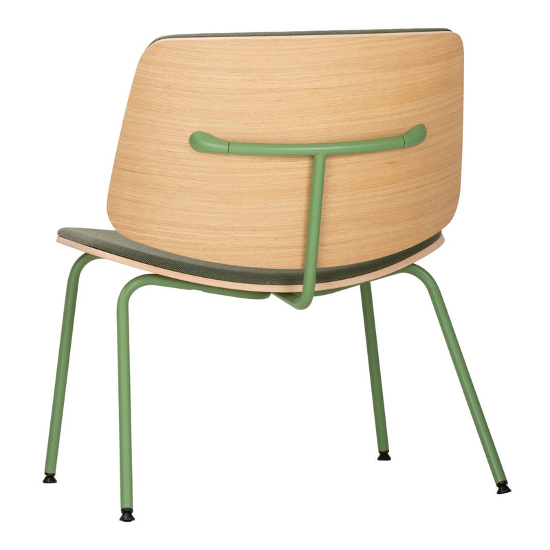 "Back view of a stylish chair featuring natural wood and green metal accents for a modern, minimalist look."