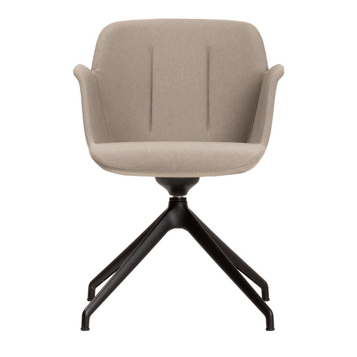 Light beige upholstered chair with subtle vertical stitching and a sleek black metal base. Modern and stylish design.