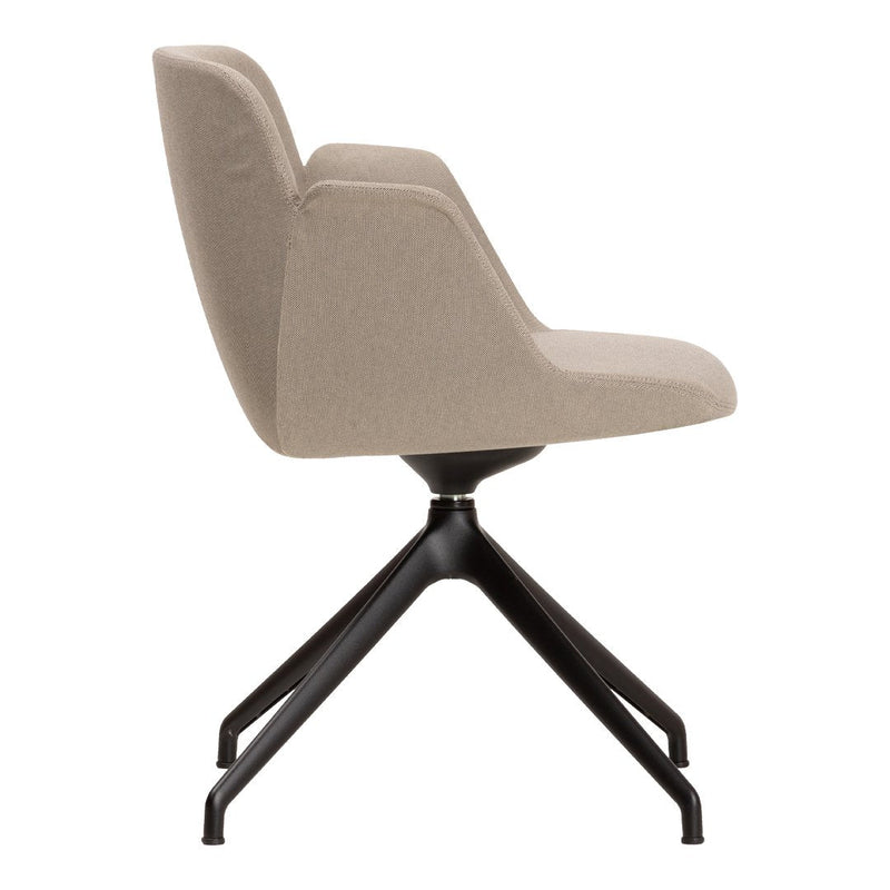 Side view of a beige fabric chair with a sleek black base, featuring a modern minimalist design.