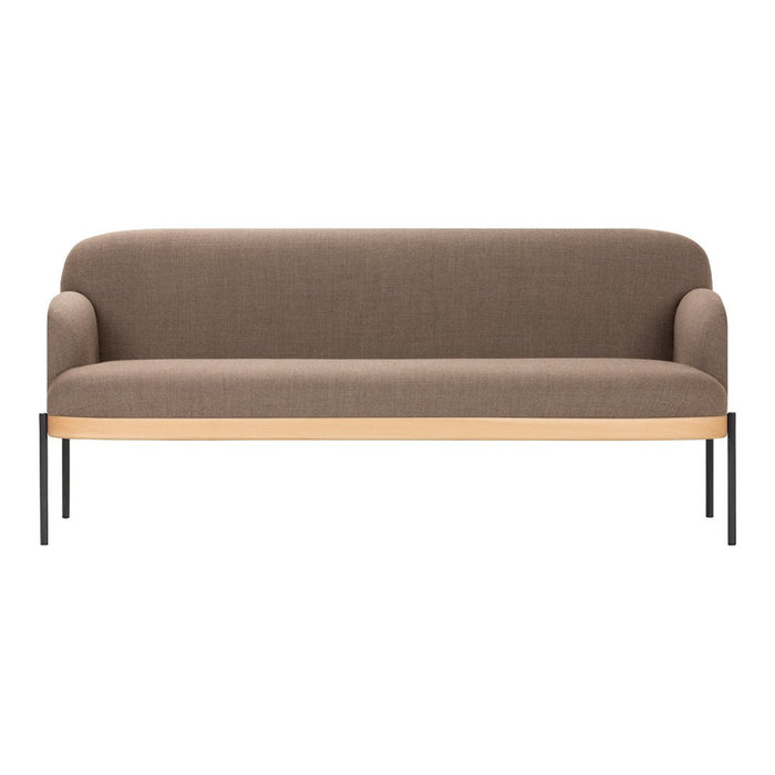 Brown upholstered sofa with smooth curves and a light wood base, featuring a minimalist design and no patterns.