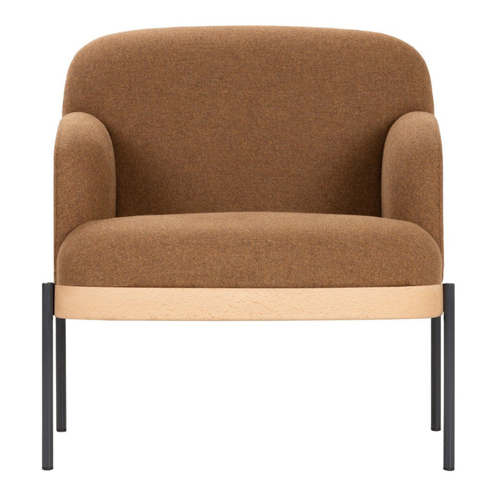 Brown upholstered armchair with smooth curves and a light wood base, featuring black metal legs for a modern touch.