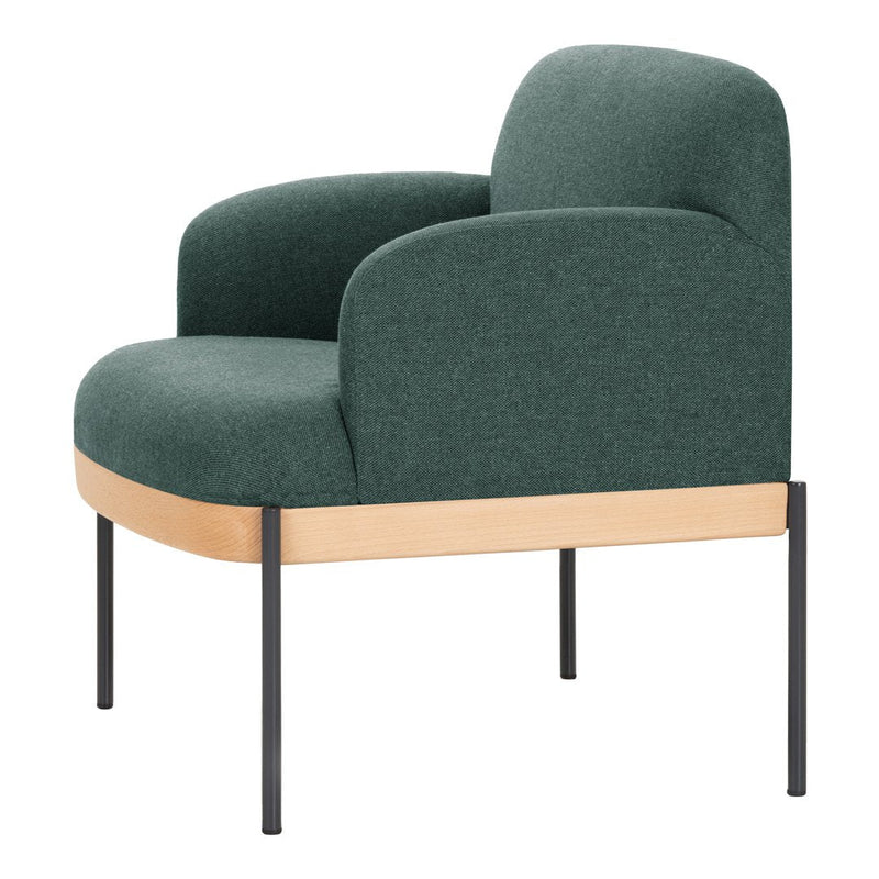 Green upholstered chair with curved arms, natural wood base, and black metal legs. Modern minimalistic design.