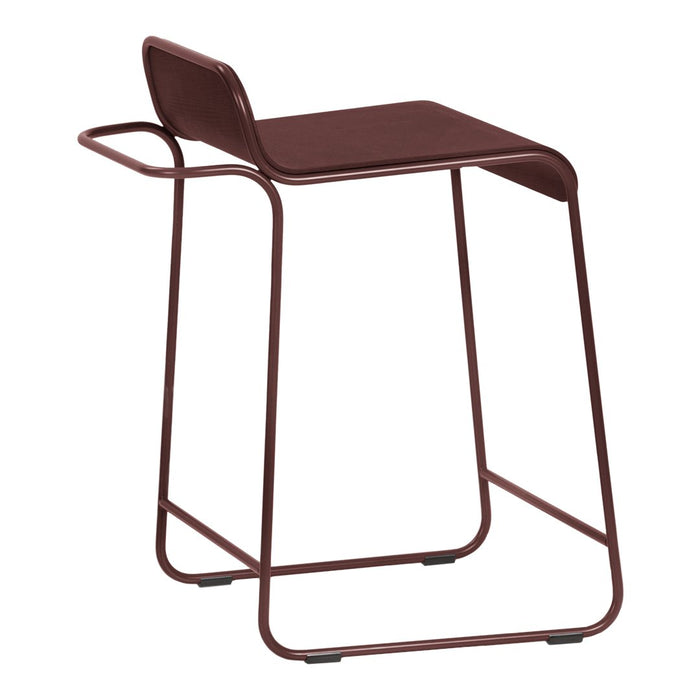 Rust-colored bar stool with a sleek metal frame and minimalist design, perfect for modern decor.
