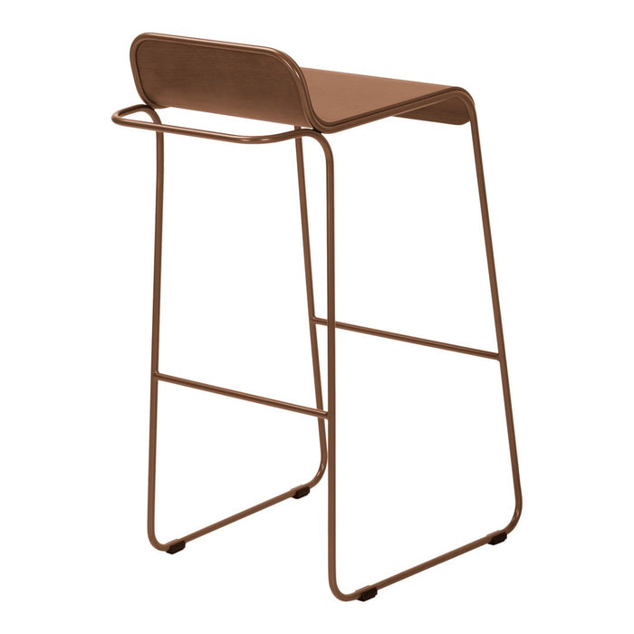 "Stylish brown metal bar stool with a sleek, minimalist design and smooth, curved lines."