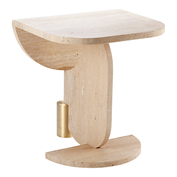 Light beige side table with smooth curves and a polished brass accent. Ideal for modern interiors.