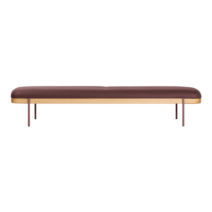 Brown leather bench with a smooth finish and gold metal accents, featuring clean lines and a minimalist design.