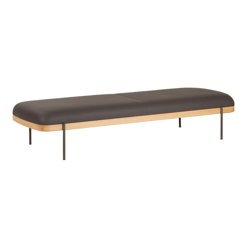 Sleek, dark brown bench with smooth leather upholstery and minimalist wooden frame, featuring black metal legs.