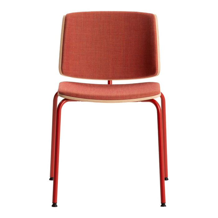 Red fabric chair with a textured pattern, featuring natural wood accents and sturdy metal legs.