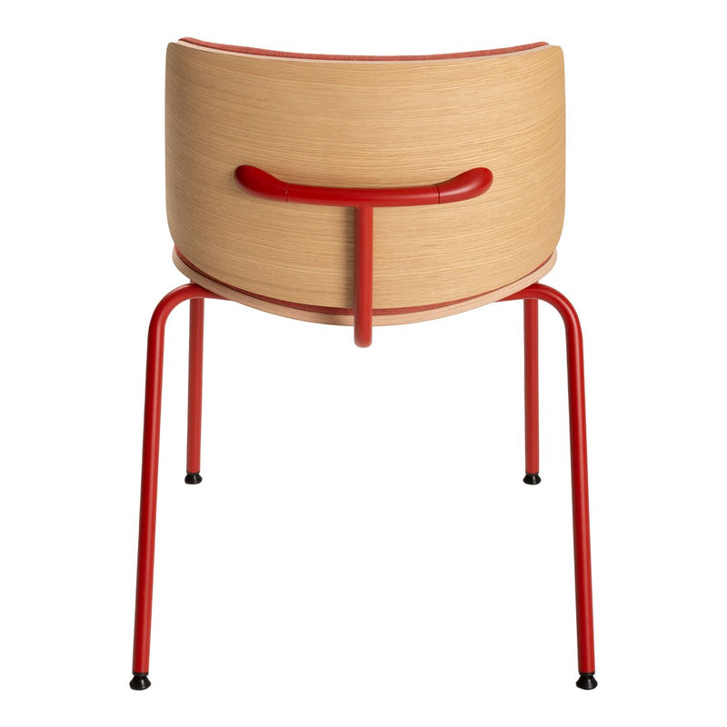 Wooden chair with a natural finish and red metal legs, featuring a sleek curved back design.