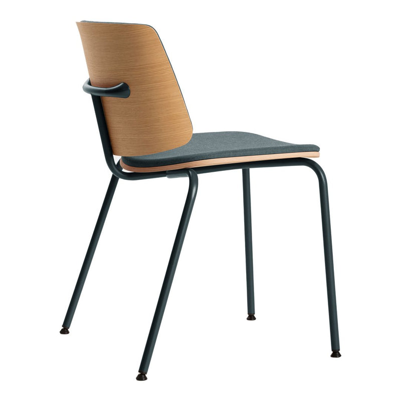 Modern chair featuring a wood-finish backrest and gray seat, complemented by a sleek black metal frame.