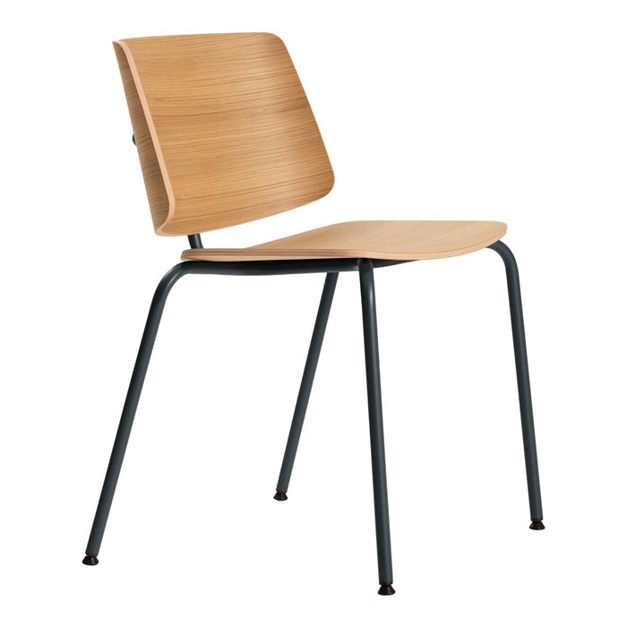 Natural wood chair with a sleek, light brown finish and matte black metal legs. Simple, modern design.
