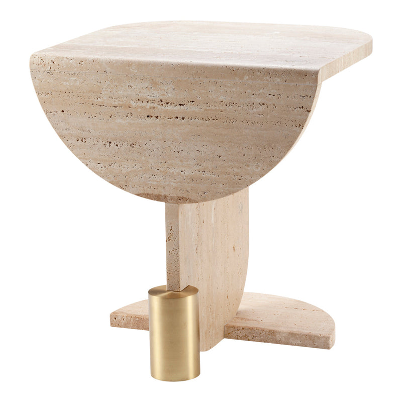 Light beige travertine table with a smooth finish and a gold accent base, showcasing modern minimalist design.