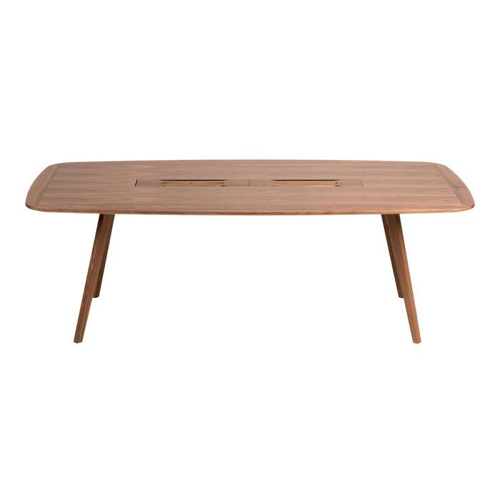 Light brown wooden table with a smooth surface and subtle striped patterns. Elegant and modern design.