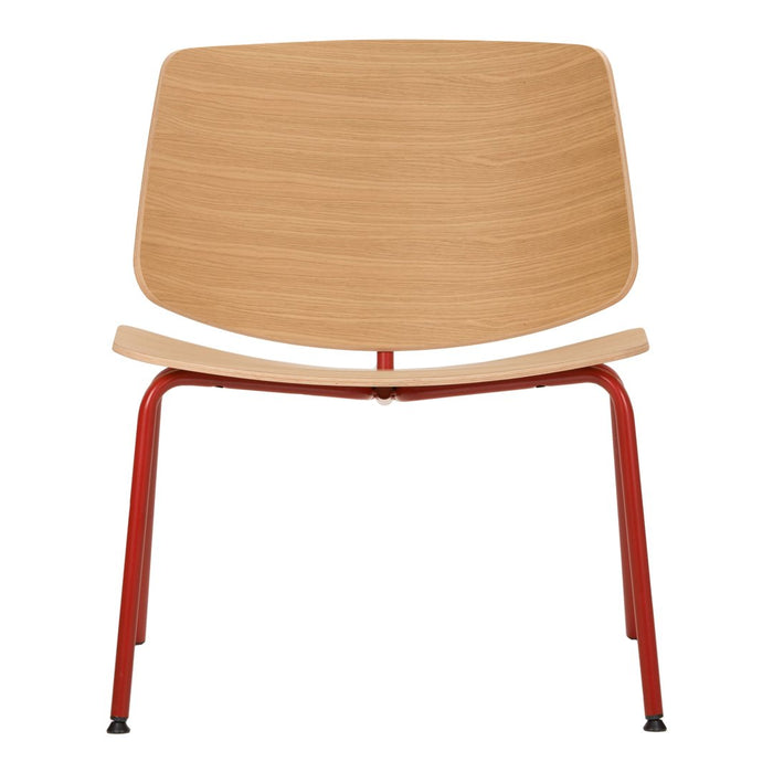 Stylish chair featuring a natural wood finish and bold red metal legs, showcasing a contemporary design.