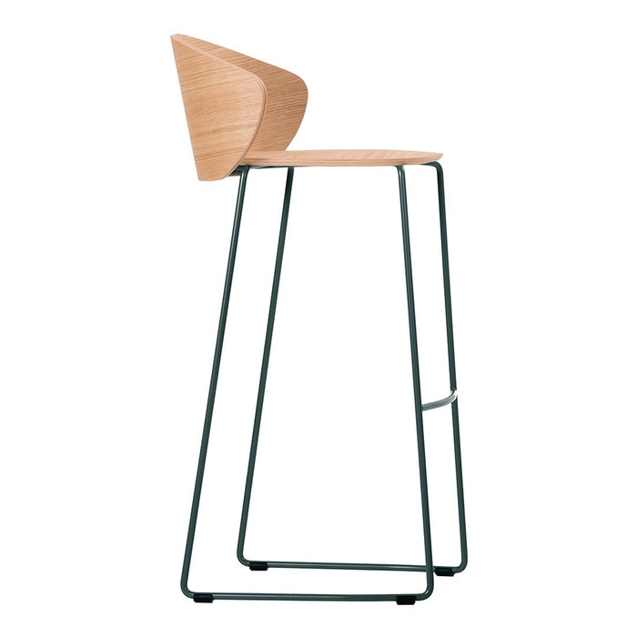 Light wood bar stool with a sleek black metal frame and a minimalist design. Perfect for contemporary spaces.