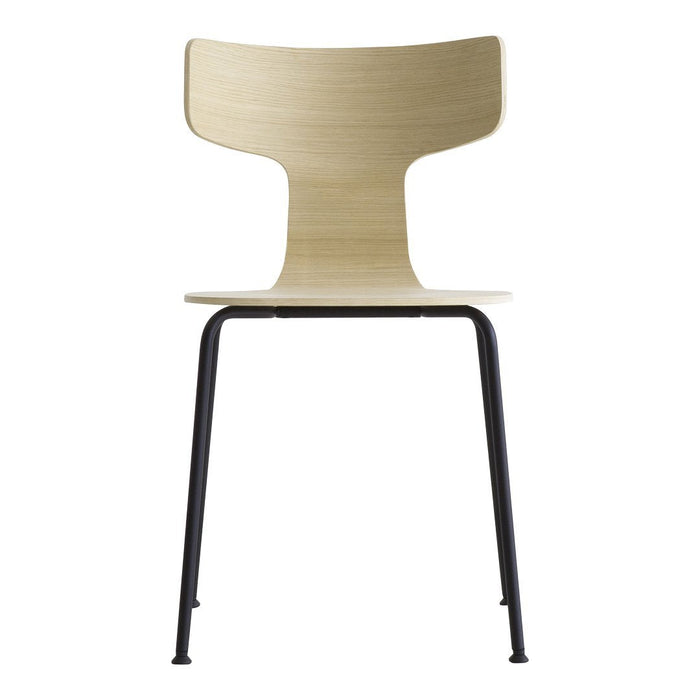Natural wood chair with a smooth, light finish and sleek black metal legs, featuring a minimalist design.