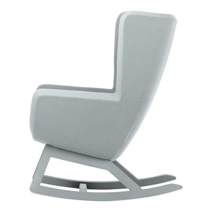 Light gray rocking chair with a minimalist design, featuring smooth, soft upholstery and a sleek, clean silhouette.