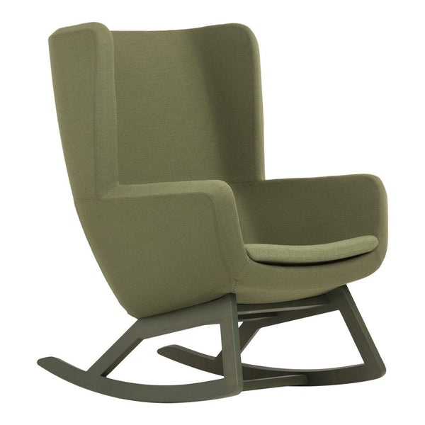 Olive green rocking chair with a smooth, modern design and minimalistic pattern. Ideal for contemporary decor.