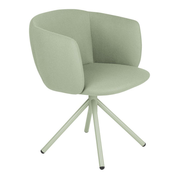 Light green upholstered chair with a sleek design and minimalist pattern featuring a modern, tripod base.